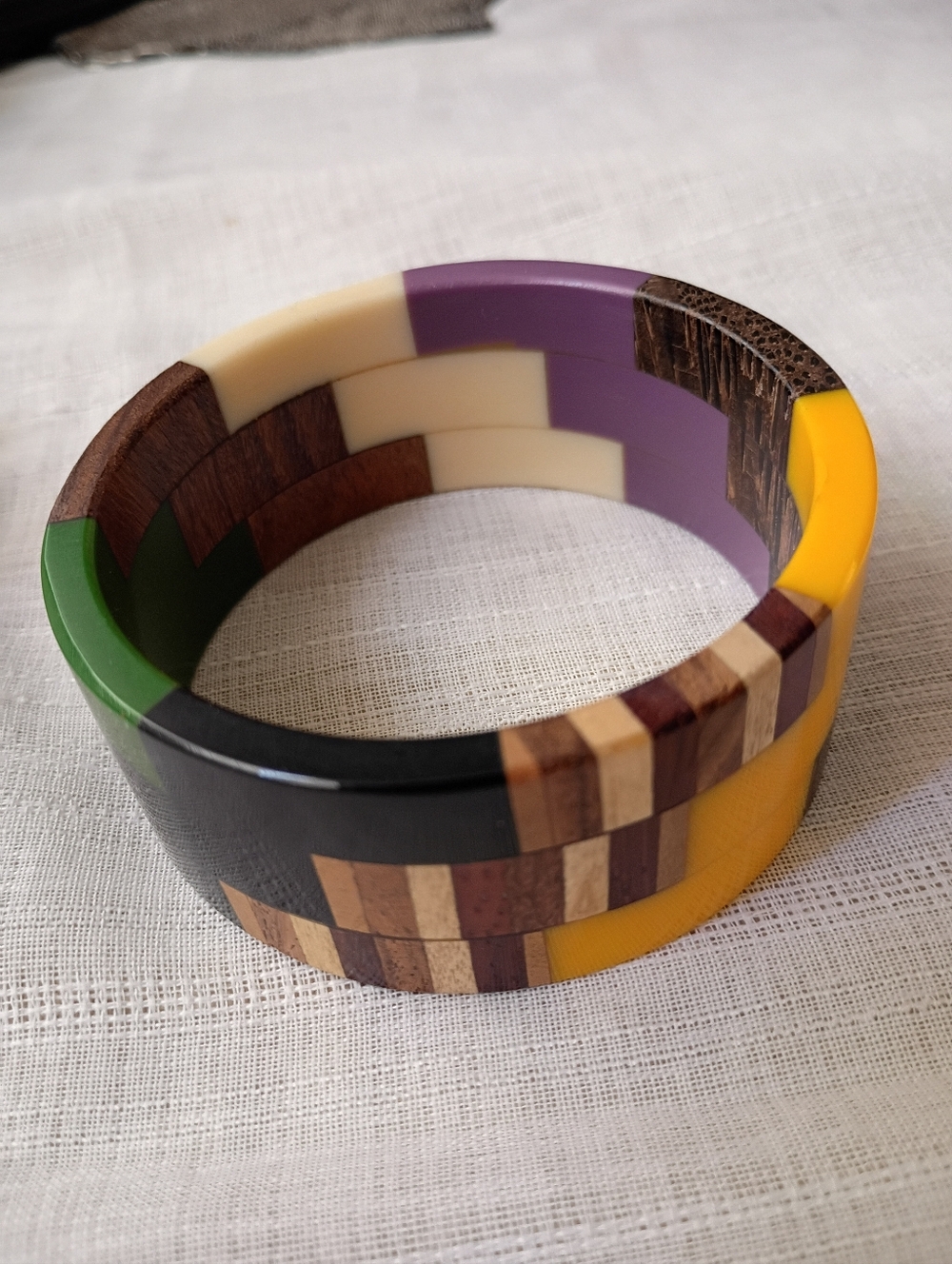Colorblock Wood Inlay Resin Bangle - Yellow, Purple Etc Vintage MCM Multicolor